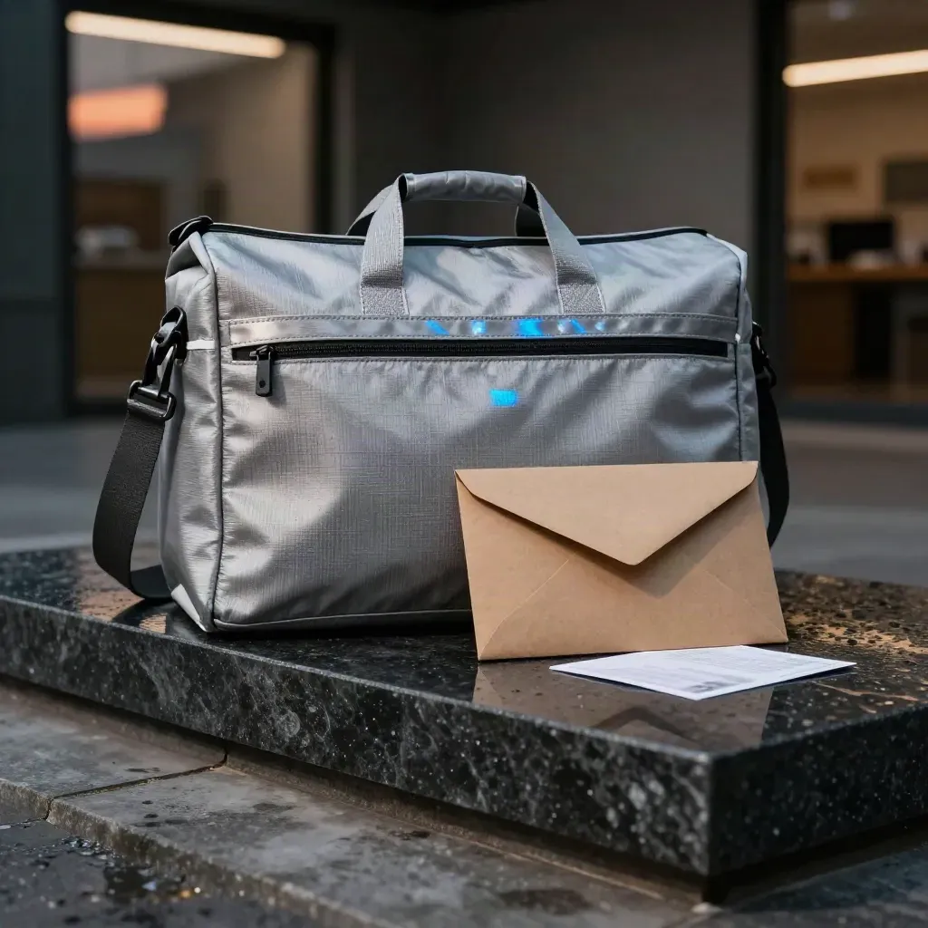 Borsa corriere grigio argento, busta e pacco su plinto di pietra scura, con luce da sera.