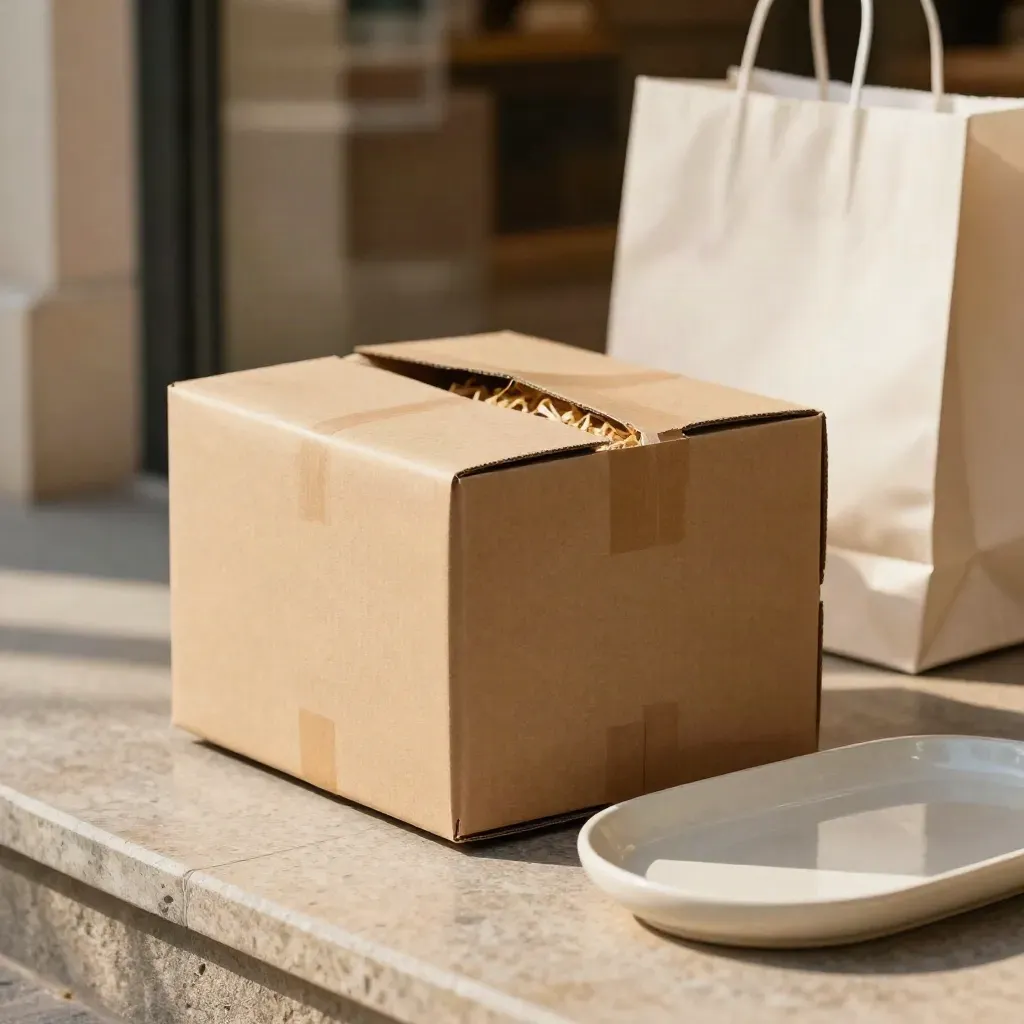 Tre pacchi express con carta velina e box kraft su soglia in pietra, luce calda