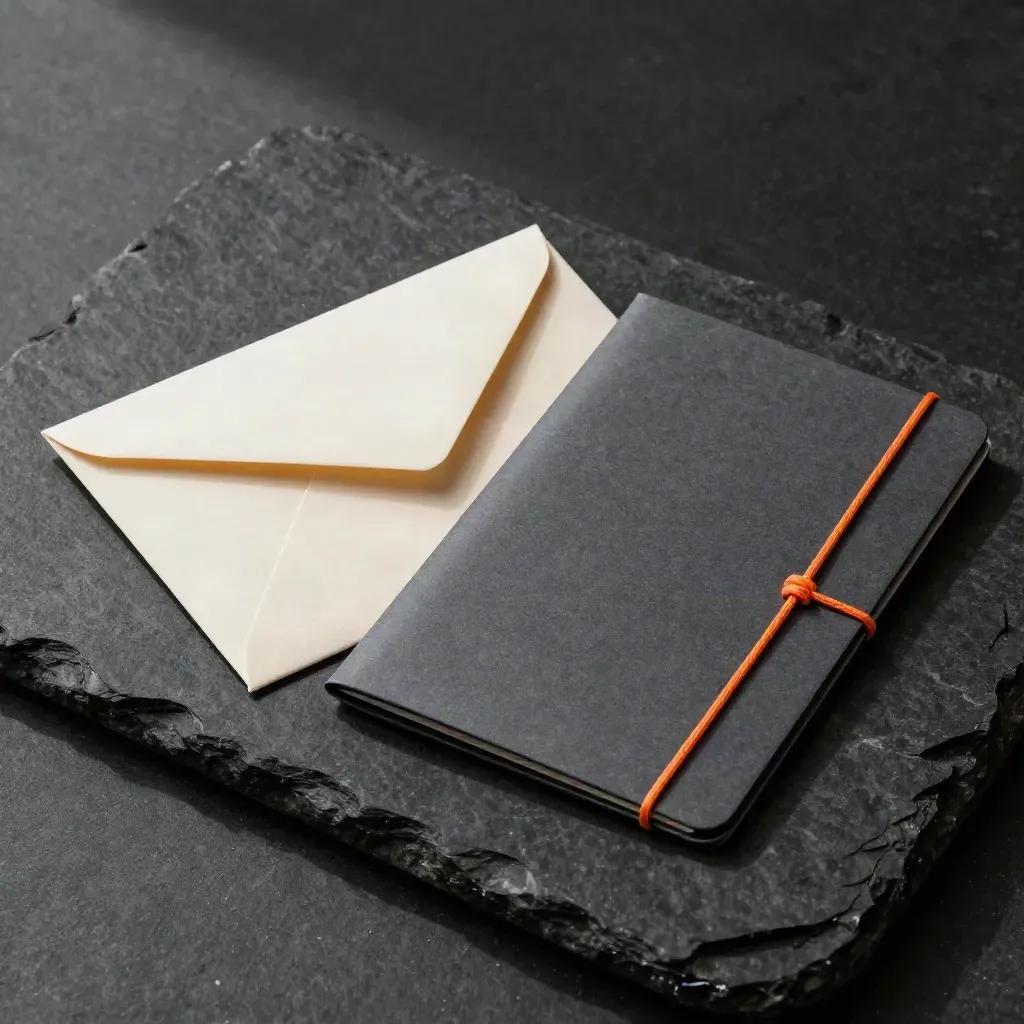 Kit per atti legali con busta crema, cartellina e sleeve su pietra nera, luce diagonale.