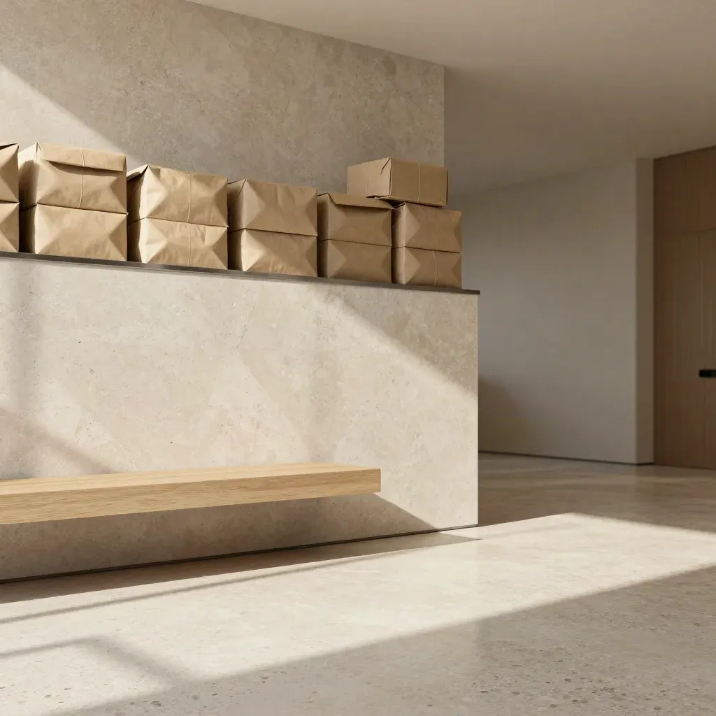 Lobby logistico in travertino e rovere chiaro con pacchi neutri in alto e spazio calmo in basso.