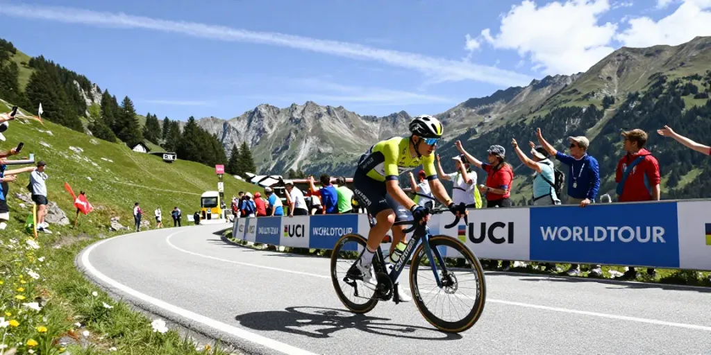 Ciclista professionista in azione durante una tappa della Vuelta, sfidando il percorso montano del WorldTour.